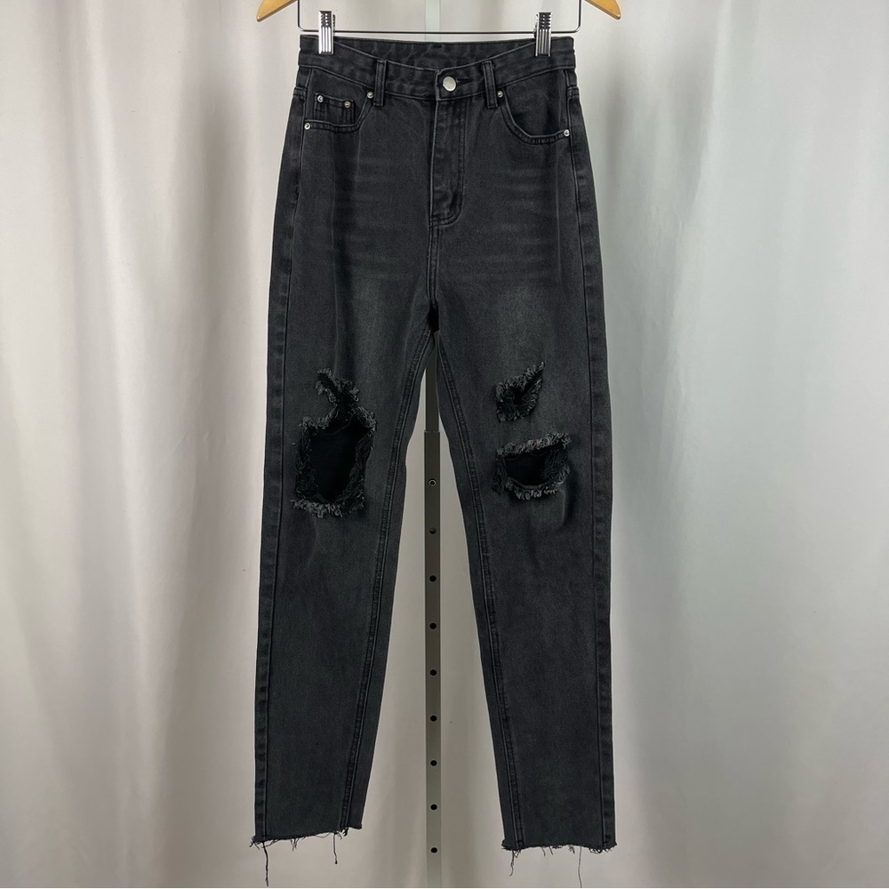 Grunge Size 26 High Waist Holes Distressed Raw Hem Goth Emo Jeans Punk Tapered